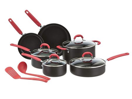 Amazon Basics - Juego de 12 utensilios de cocina antiadherentes (ollas, sartenes y otros utensilios), con recubrimiento anodizado duro, rojo 3 cacerolas con tapa (16, 18, 20 cm), 2 sartenes (20, 26 cm) y 1 olla de 24 cm. Online