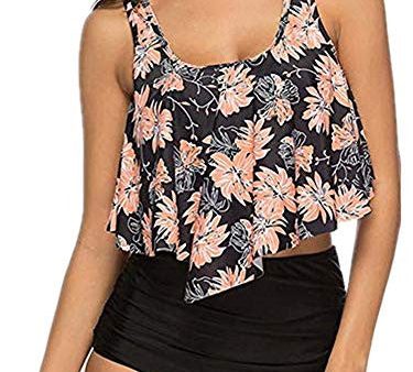 Wenyujh Bikini de cintura alta para mujer, dos piezas, con volantes impresos, traje de baño con cintura alta, push-up, parte superior de bikini, ropa de playa, negro (schwarz 1), XL Reacondicionado Sale