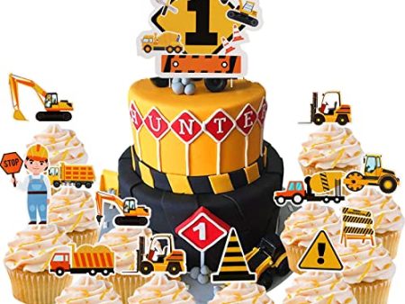 25 piezas de decoración para tartas, suministros de fiesta de cumpleaños de construcción, decoración para cupcakes de construcción para primer cumpleaños para niño, 1er camión, tractor, excavadora Cheap