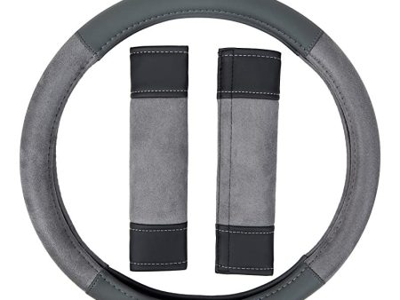 Amazon Basics - Cubierta para volante de 38 cm (38, 1 cm) y almohadillas para cinturón de seguridad, cuero sintético y ante, gris For Discount