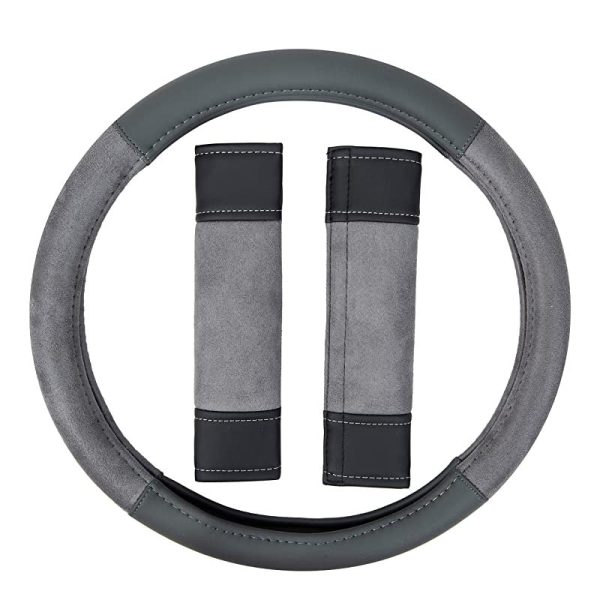 Amazon Basics - Cubierta para volante de 38 cm (38, 1 cm) y almohadillas para cinturón de seguridad, cuero sintético y ante, gris For Discount