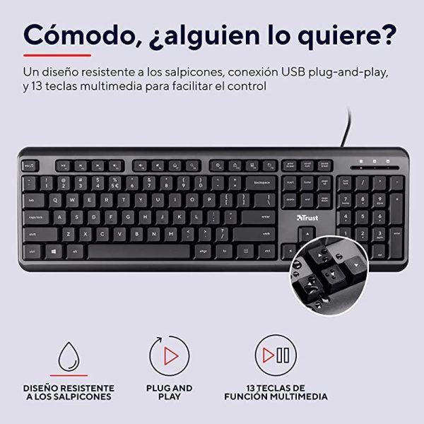 Trust Ody Teclado Silencioso USB, QWERTY, 13 Teclas Multimedia, 1.8m Negro Online Hot Sale