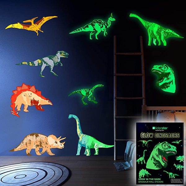 Adhesivos de pared de dinosaurio para habitación de niños y niñas, pegatinas brillantes en la oscuridad, decoración de vinilo extraíble grande para dormitorio, sala de estar, aula - arte ligero fresco For Cheap