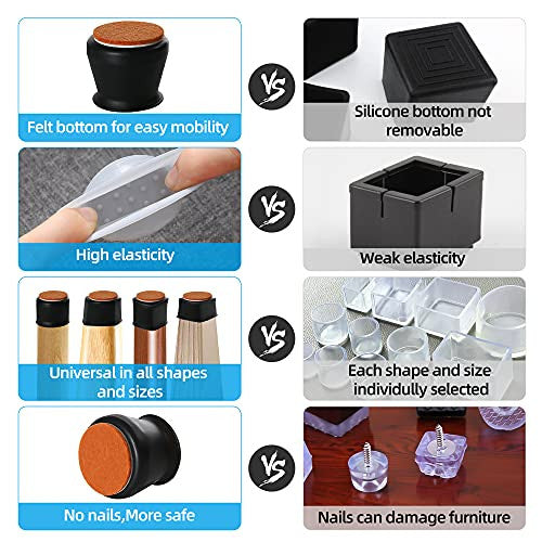 16 Piezas Protector Patas Sillas, Tacos para Sillas, Fundas de Silicona para Patas de Silla, Protectores Piso con Fieltro para Pata Mesa y Silla, Fieltro Protector para Patas Muebles (Negro L) For Sale