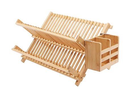 Amazon Basics - Escurreplatos de bambú con soporte para utensilios, perfil plano, plegable, (43 x 34 x 8,4 cm) 2 niveles For Cheap