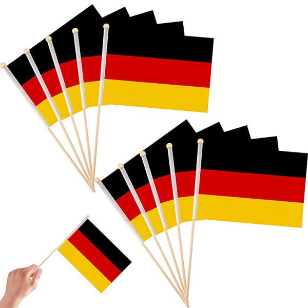 Zayin Paquete de 10 banderas de Alemania de mano pequeñas de 21 x 4 cm con poste de madera maciza de 30 cm para la Copa del Mundo 2022, fiestas, desfiles, actividades patrióticas, decoración del hogar For Sale