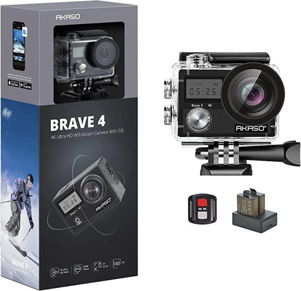 Akaso Cámara Deportiva WiFi 4K 20MP 5xZoom Cámara Acuática Sumergible de 30M con Control Remoto Ultra HD Estabilizador 2 Baterías Accesorios Multiples 2   Pantalla LCD (Brave 4) Online Sale