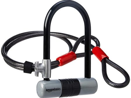 Amazon Basics - Minicandado antirrobo con argolla en forma de «D» de 15 mm para bicicleta, con un cable flexible de 1, 21 mm Online now