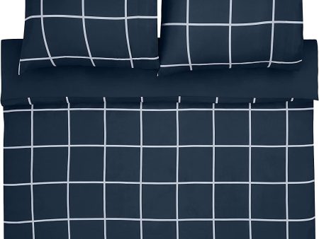 Amazon Basics - Juego de cama, microfibra, 200 x 200 cm, microfibra ligera, azul marino, cuadros lisos. Online