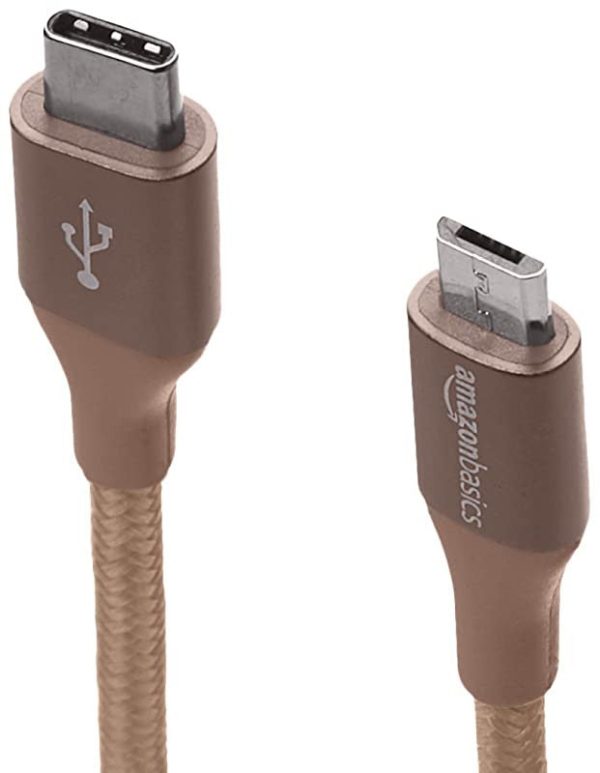 Amazon Basics - Cable macho de USB 2.0 C a micro-USB B, de nailon con trenzado doble, 0, 3 m, Dorado Supply