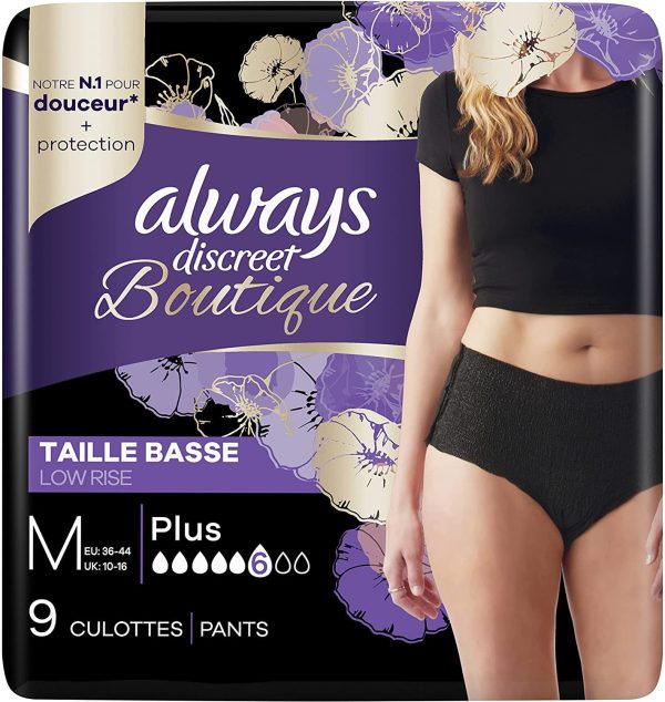 Always Discreet Boutique - Braguitas para fugas orinarias incontinencia negras, talla M, 6 gotas, formato Eco (1 paquete de 9 unidades) Embalaje Deteriorado For Discount